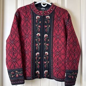 VTG Icelandic Design Wool Sweater Lined Jacket Cottagecore Art Grandmacore Sz M